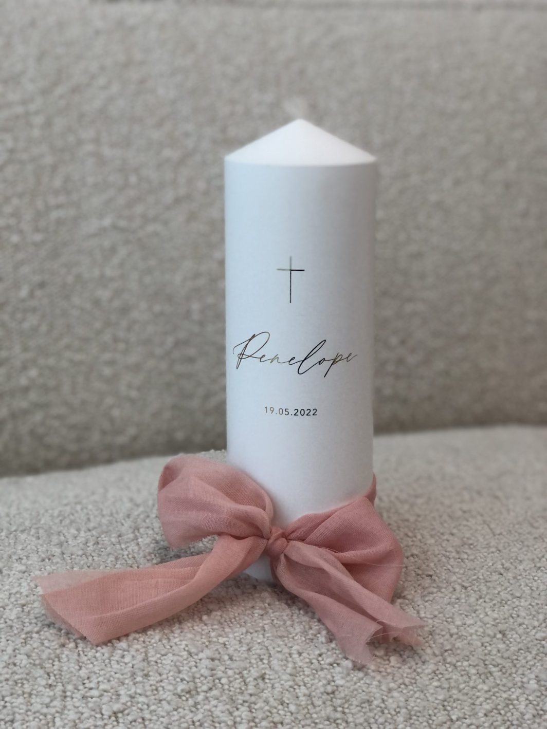 Christening Candle with Linen Bow