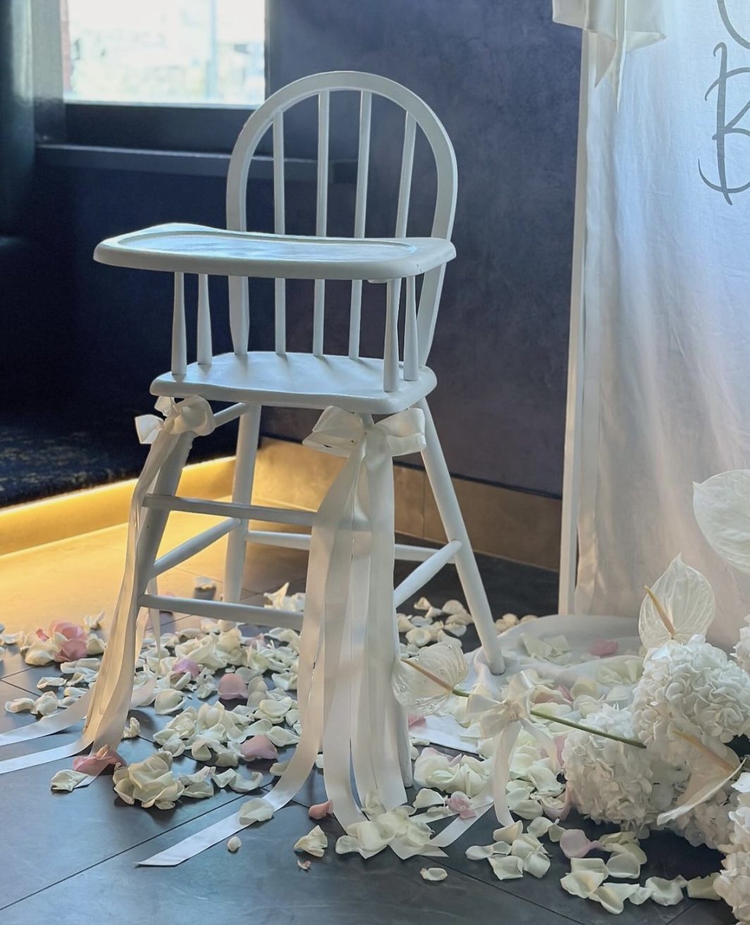 white wooden baby chair hire