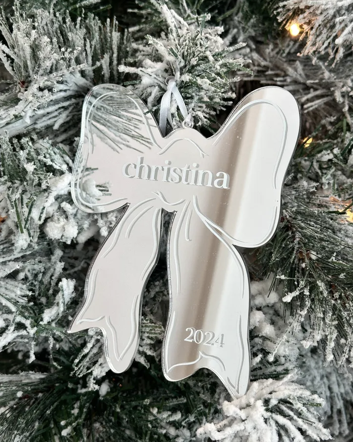 SILVER MIRROR ACRYLIC BOW ORNAMENT