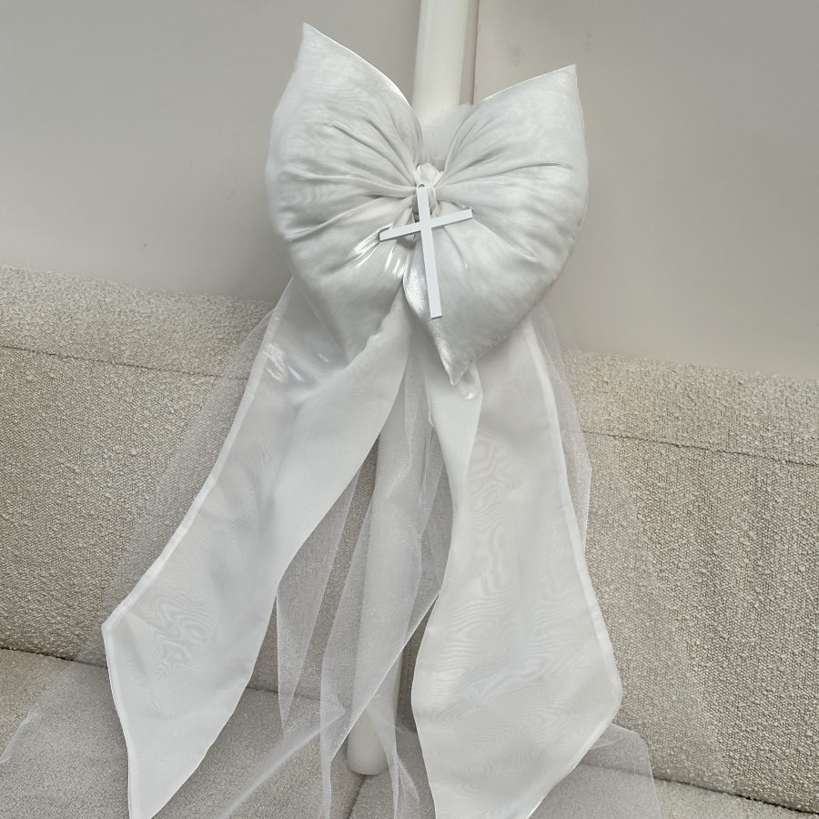 WHITE ORGANZA FABRIC BOW & TULLE CHRISTENING LAMBATHA CANDLE