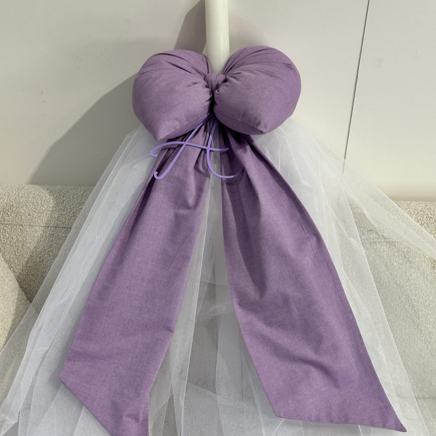 Linen Bow with White Tulle Skirt & Acrylic Initial Christening Lambatha Candle